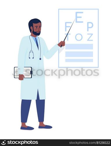 Ophthalmologist semi flat color vector character. Standing figure. Full body person on white. Simple cartoon style illustration for web graphic design and animation. Comfortaa font used. Ophthalmologist near eye test chart semi flat color vector character