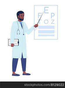 Ophthalmologist semi flat color vector character. Standing figure. Full body person on white. Simple cartoon style illustration for web graphic design and animation. Comfortaa font used. Ophthalmologist near eye test chart semi flat color vector character