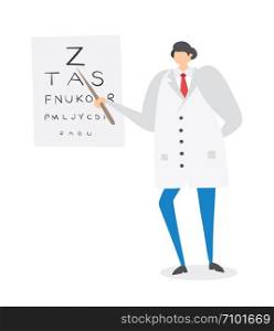 Ophthalmologist showing letters on eye chart, hand-drawn vector illustration. Colored flat style.
