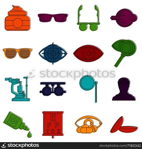 Ophthalmologist tools icons set. Doodle illustration of vector icons isolated on white background for any web design. Ophthalmologist tools icons doodle set