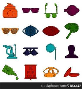 Ophthalmologist tools icons set. Doodle illustration of vector icons isolated on white background for any web design. Ophthalmologist tools icons doodle set