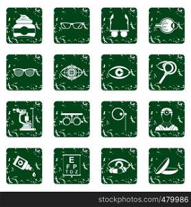 Ophthalmologist tools icons set in grunge style green isolated vector illustration. Ophthalmologist tools icons set grunge