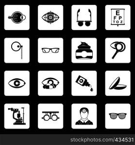 Ophthalmologist tools icons set in white squares on black background simple style vector illustration. Ophthalmologist tools icons set squares vector