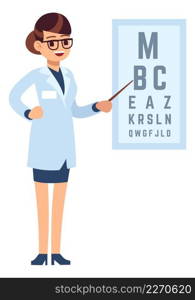 Ophthalmologist with eye chart. Female doctor checking vision isolated on white background. Ophthalmologist with eye chart. Female doctor checking vision