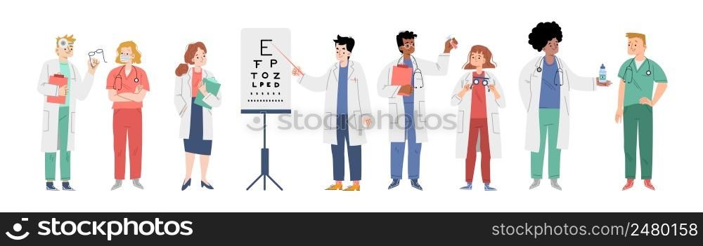 Ophthalmologists and nurses, medical staff of ophthalmology clinic. Vector flat illustration of optometry medicine with men and women professional optometrists with eye test chart, glasses and drops. Ophthalmologists and nurses, medical staff