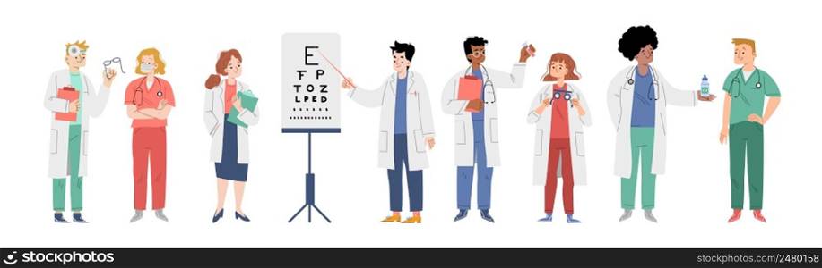 Ophthalmologists and nurses, medical staff of ophthalmology clinic. Vector flat illustration of optometry medicine with men and women professional optometrists with eye test chart, glasses and drops. Ophthalmologists and nurses, medical staff