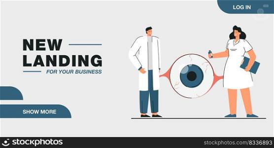 Ophthalmologists examining giant eye of patient. Medical professional diagnosing human visual organ flat vector illustration. Medicine, healthcare, optometry concept for banner, website design