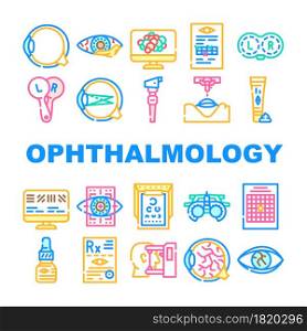 Ophthalmology Eye Disease Treat Icons Set Vector. Amsler Table And Retinoscope, Lasser Correction And Trial Frame Medicine Ophthalmology Hospital Equipment Line. Color Illustrations. Ophthalmology Eye Disease Treat Icons Set Vector