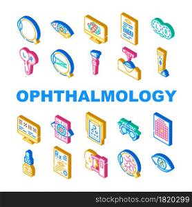 Ophthalmology Eye Disease Treat Icons Set Vector. Amsler Table And Retinoscope, Lasser Correction And Trial Frame Medicine Ophthalmology Hospital Equipment Isometric Sign Color Illustrations. Ophthalmology Eye Disease Treat Icons Set Vector