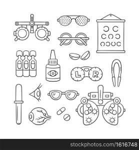 Ophthalmology hand drawn set. Contact lens, eyeball, glasses, phoropter and more. Optometry doodle objects. Vector illustration on white background. Ophthalmology hand drawn set. Contact lens, eyeball, glasses, phoropter and more. Optometry doodle objects