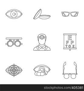 Ophthalmology icons set. Outline illustration of 9 ophthalmology vector icons for web. Ophthalmology icons set, outline style