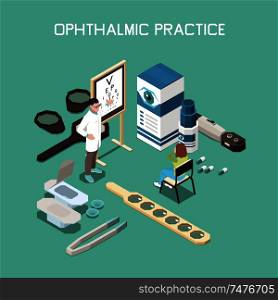 Ophthalmology instruments and medicine isometric composition with optometrist and patient 3d vector illustration