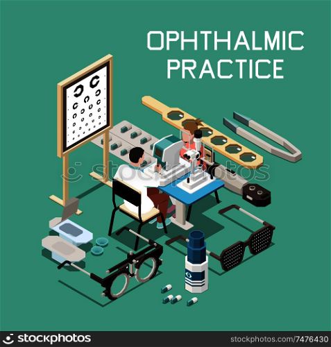 Ophthalmology isometric composition with different instruments and doctor at work 3d vector illustration