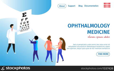 Ophthalmology Medicine Horizontal Banner with Copy Space. Vision Diagnostics Test. Oculist Exam and Eye Care Check Up. Healthcare Theme. People at Doctors Cabinet 3D Flat Vector Isometric Illustration. Ophthalmology Medicine Horizontal Banner. Eye Care