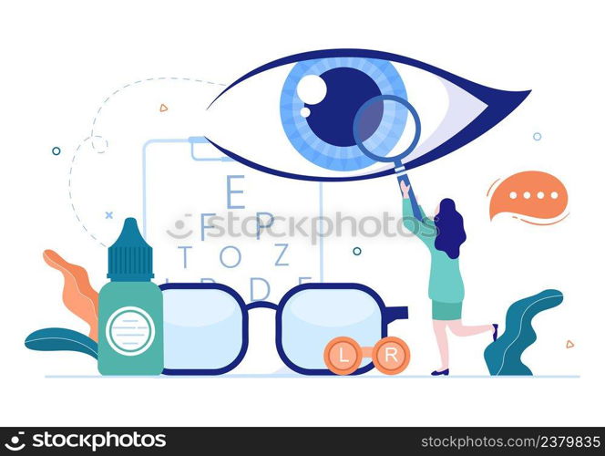 Ophthalmology of Checks Patient Sight, Optical Eyes Test, Spectacles Technology and Choosing Eyeglasses with Correction Lens in Flat Cartoon Illustration