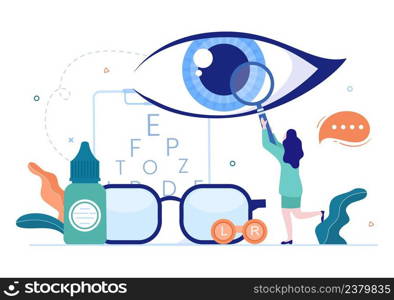 Ophthalmology of Checks Patient Sight, Optical Eyes Test, Spectacles Technology and Choosing Eyeglasses with Correction Lens in Flat Cartoon Illustration