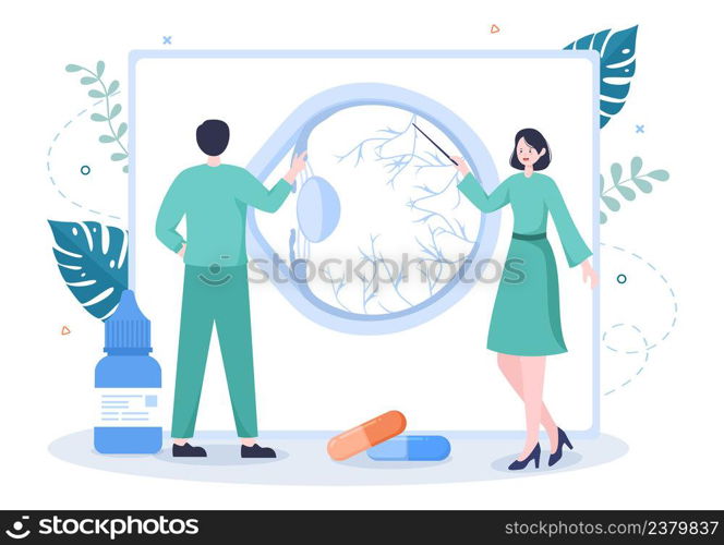 Ophthalmology of Checks Patient Sight, Optical Eyes Test, Spectacles Technology and Choosing Eyeglasses with Correction Lens in Flat Cartoon Illustration