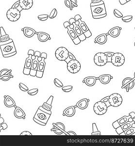 Ophthalmology, optometry hand drawn seamless pattern. Contact lenses, eye drops and glasses in doodle style. Optometry doodle pattern. Vector illustration on white background.. Ophthalmology, optometry hand drawn seamless pattern. Contact lenses, eye drops and glasses in doodle style. Optometry doodle pattern. Vector illustration on white background