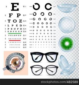 Ophthalmology Tools, Sight Examination Equipment Vector Set. Ophthalmology Accessories, Eye Test, Spectacles, Lenses And Phoropter. Ophthalmologist Visit. Eyesight Examination Realistic Illustration. Ophthalmology Tools, Sight Examination Equipment Vector Set