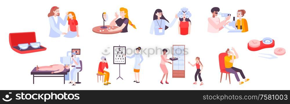 Ophthalmology vision set with isolated characters of doctors patients and eye care products on blank background vector illustration