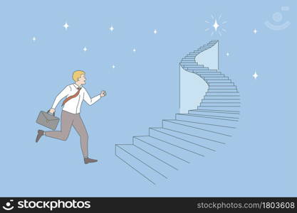 Opportunities and business career concept. Young smiling businessman with suit running on ladder trying to get to top business work success vector illustration . Opportunities and business career concept