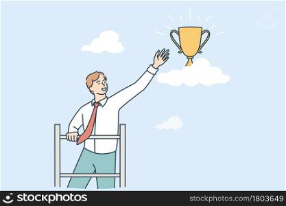 Opportunities and business success concept. Young smiling businessman cartoon character standing reaching for golden trophy flying in air vector illustration . Opportunities and business success concept