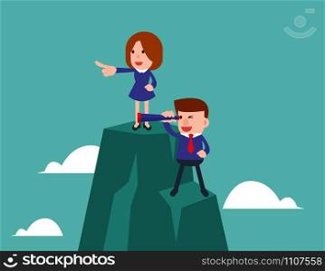 Opportunities. Business people stand on top of mountain using telescope looking for success. Concept business vector illustration.