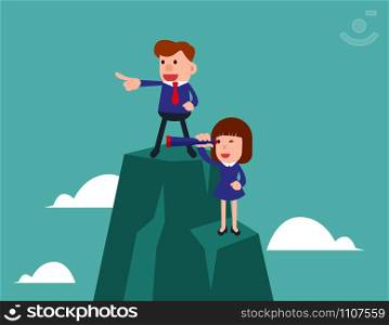 Opportunities. Business people stand on top of mountain using telescope looking for success. Concept business vector illustration.