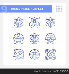 Opportunities of STEM education pixel perfect gradient linear vector icons set. Innovative scientific methods. Thin line contour symbol designs bundle. Isolated outline illustrations collection. Opportunities of STEM education pixel perfect gradient linear vector icons set