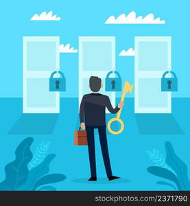 Opportunity. Difficult important choice, alternative ways of development. Man searching successful way, businessman holding key to different doors, big dilemma. Vector cartoon flat isolated concept. Opportunity. Difficult important choice, alternative ways of development. Man searching successful way, businessman holding key to different doors. Vector cartoon flat isolated concept