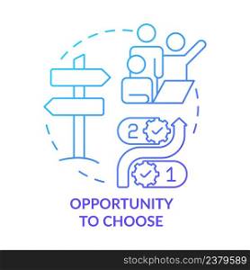 Opportunity to choose blue gradient concept icon. Decide and control. Reason for participation abstract idea thin line illustration. Isolated outline drawing. Myriad Pro-Bold fonts used. Opportunity to choose blue gradient concept icon