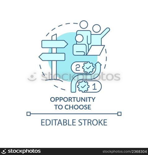 Opportunity to choose turquoise concept icon. Reason for participation abstract idea thin line illustration. Isolated outline drawing. Editable stroke. Arial, Myriad Pro-Bold fonts used. Opportunity to choose turquoise concept icon