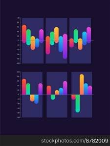 Opposite directions gradient infographic chart design template set for dark theme. Productivity change. Visual data presentation. Bar graphs collection. Myriad Pro-Bold, Regular fonts used. Opposite directions gradient infographic chart template set for dark theme