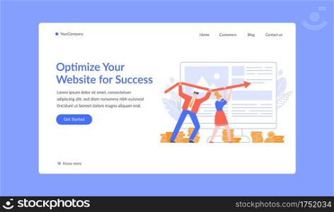 Oprtimize website for success landing page, seo. Vector web optimization in internet, rise marketing business online illustration. Oprtimize website for success landing page, seo