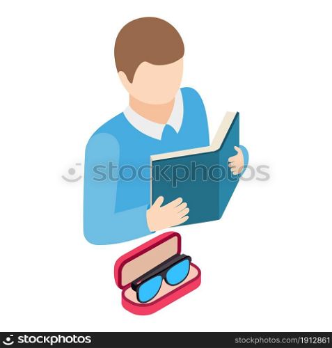 Optical accessory icon isometric vector. Reading man and glasses in case icon. Optics, eye health, ophthalmology concept. Optical accessory icon isometric vector. Reading man and glasses in case icon