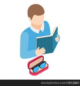 Optical accessory icon isometric vector. Reading man and glasses in case icon. Optics, eye health, ophthalmology concept. Optical accessory icon isometric vector. Reading man and glasses in case icon