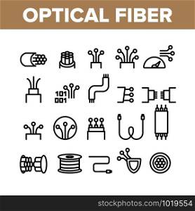 Optical Fiber Collection Elements Icons Set Vector Thin Line. Network Connection, Computer Wire, Cable Bobbin Fiber And Data Transfer Concept Linear Pictograms. Monochrome Contour Illustrations. Optical Fiber Collection Elements Icons Set Vector