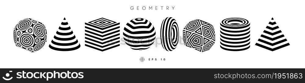 Optical illusion shapes vector set. Pyramid striped. Cylinder and Cube optical abstract black and white lines design. Circle geometric round shapes. Cone vector symbol op art. Stripe modern 3d geometry. EPS 10.