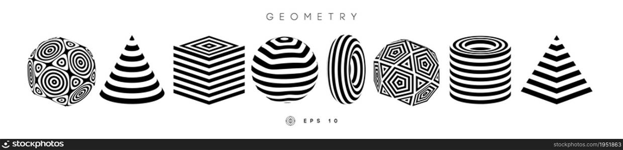 Optical illusion shapes vector set. Pyramid striped. Cylinder and Cube optical abstract black and white lines design. Circle geometric round shapes. Cone vector symbol op art. Stripe modern 3d geometry. EPS 10.