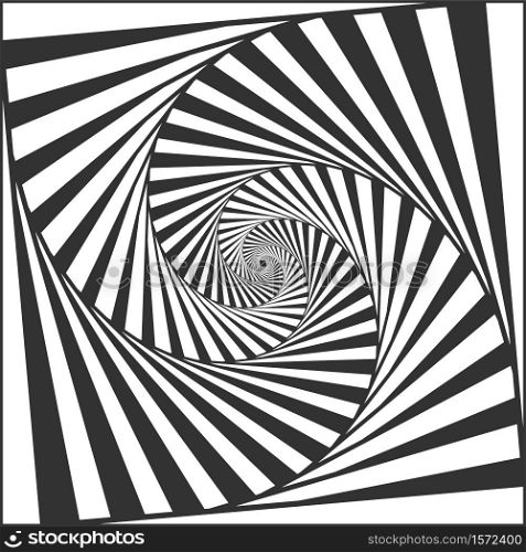 Optical spiral illusion. Black and white alternating strips creating hypnotic effect, vertigo geometric whirl and rotating stripes. Abstract curves with deceptive motion vector illustration. Optical spiral illusion. Black and white alternating strips creating hypnotic effect, vertigo geometric whirl