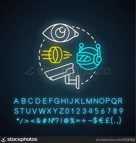 Optics for robots neon light concept icon. Robotic lenses idea. Special futuristic glass for electronics. Glowing sign with alphabet, numbers and symbols. Vector isolated illustration