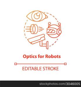 Optics for robots red concept icon. Robotic lenses idea thin line illustration. Innovative cctv cameras. Special futuristic glass for electronics. Vector isolated outline drawing. Editable stroke