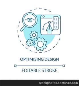 Optimising design blue concept icon. Research optimal solution. Visual innovation. Product development abstract idea thin line illustration. Vector isolated outline color drawing. Editable stroke. Optimising design blue concept icon