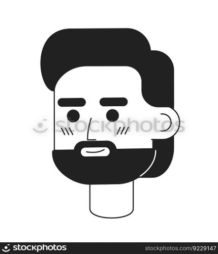 Optimistic bearded man monochromatic flat vector character head. Guy with facial hair. Editable black white cartoon face emotion. Hand drawn ink spot illustration for web graphic design, animation. Optimistic bearded man monochromatic flat vector character head