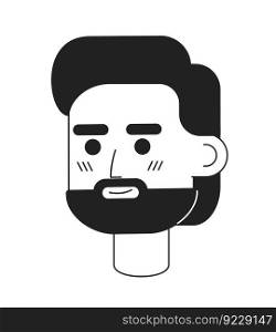Optimistic bearded man monochromatic flat vector character head. Guy with facial hair. Editable black white cartoon face emotion. Hand drawn ink spot illustration for web graphic design, animation. Optimistic bearded man monochromatic flat vector character head