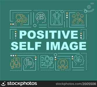 Optimistic self image word concepts banner. Improve self-perception. Infographics with linear icons on green background. Isolated creative typography. Vector outline color illustration with text. Optimistic self image word concepts banner