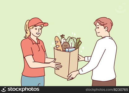 Optimistic woman courier handing out delivered food items to man online store customer. Young girl supermarket worker with smile serves customer and makes career in retail field. Flat vector design . Optimistic woman courier handing out delivered food items to man online store customer. Vector image