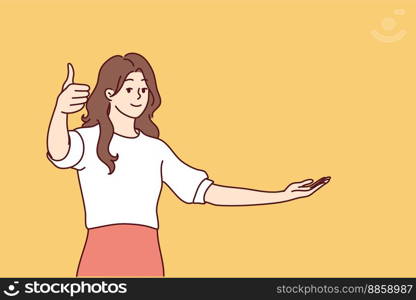 Optimistic woman in casual wear showing thumbs up approving good choice or recommending something. Girl stretches hand to side raising empty palm to demonstrate your product. Flat vector design . Optimistic woman showing thumbs up approving good choice or recommending something. Vector image