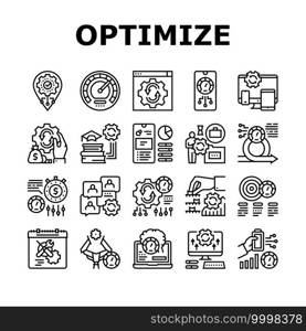 Optimize Operations Collection Icons Set Vector. Optimize Internet Speed And Electronics, Smartphone And Computer, Education And Work Black Contour Illustrations. Optimize Operations Collection Icons Set Vector