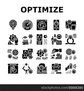 Optimize Operations Collection Icons Set Vector. Optimize Internet Speed And Electronics, Smartphone And Computer, Education And Work Glyph Pictograms Black Illustrations. Optimize Operations Collection Icons Set Vector